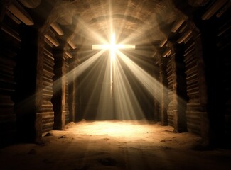 Christian cross with light shining through the tunnel - obrazy, fototapety, plakaty