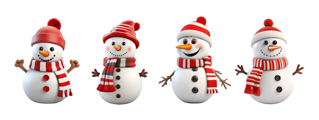 Four snowmen with hats and scarves  png isolated on transparent background .