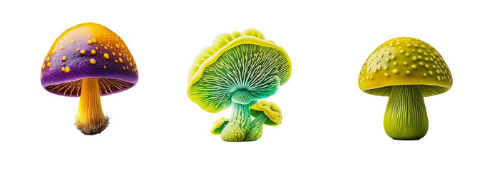 set of three realistic 3D mushrooms png isolated on a transparent background