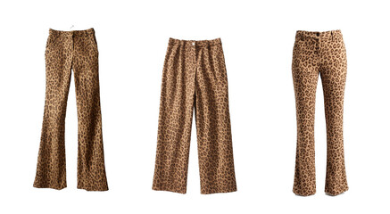 collection of beautiful luxurious female classic satin pants, leopard print, clipping, ghost mannequin, isolated on white background, front view ,generative ai .