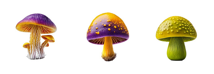 set of three realistic 3D mushrooms  png isolated on transparent background .
