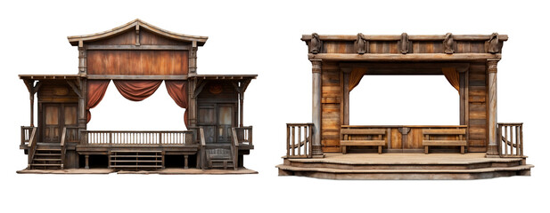 two set of Wooden stage show or log cabin  png isolated on transparent background .
