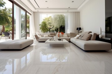 Fototapeta na wymiar Spacious minimalist home interior design of modern living room with marble tiled floor