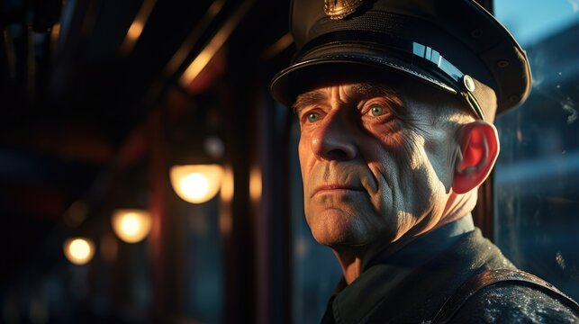 Profile of a watchful train conductor.