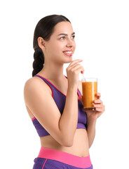 Sporty young woman with healthy smoothie on white background
