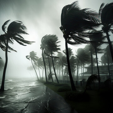 Hurricane winds are bending palm trees and flooding streets. Concept of a hurricane storm in a residential area. 