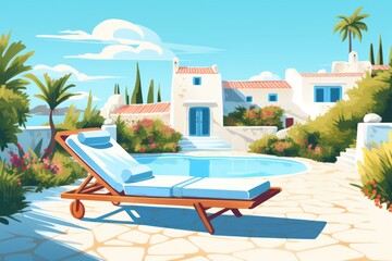 Summer terrace with sunbed. Traditional mediterranean white house. Summer vacation background.
