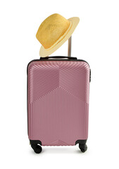 Suitcase with stylish hat on white background