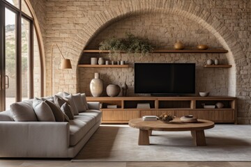 Terra cotta sofa against stone cladding wall and tv on it. Farmhouse interior design of modern living room with arched fitted shelf