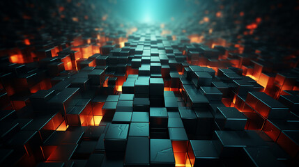 Abstract Inferno: Black Stone Blocks in Fiery Cubes