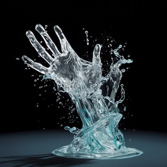 We are water. Aquatic sculpture of a human hand. Statue of a water hand on a pedestal, in dark surroundings. Generative AI.