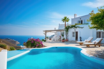 Fototapeta na wymiar Traditional mediterranean white house with pool on hill with stunning sea view. Summer vacation background
