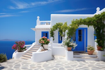 Traditional mediterranean white house. Summer vacation background