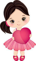 Vector Cute Little Girl Wearing Pink Dress Holding Heart in Hands