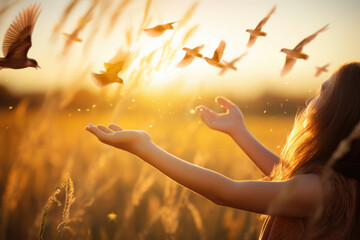 Girl Child with Hands Up During Sunset  Enjoying Nature and Flying Birds. Religion, Peace, Purity Concept.