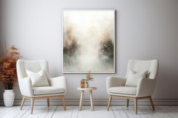 Two white chairs against stucco wall with big canvas poster. Scandinavian interior design of modern living room