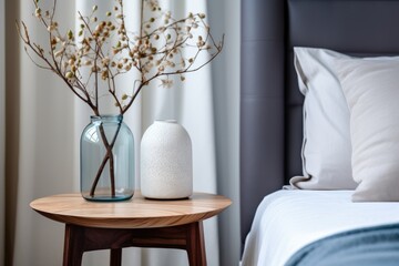 Vase with branch on round bedside table near bed. Art deco style interior design of modern bedroom