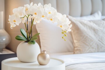 Vase with orchids on bedside table near bed with beige bedding. Art deco style interior design of modern bedroom