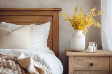 Vintage nightstand with vases near bed. Farmhouse style interior design of modern bedroom