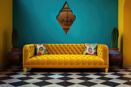 Vibrant yellow velvet sofa against of colorful tiles wall paneli