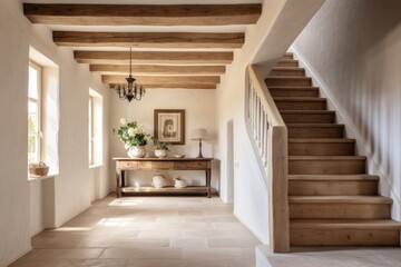 White plaster staircase and timber beams ceiling in farmhouse hallway. Rustic style interior design of entrance hall in country house