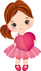 Vector Cute Little Girl Wearing Pink Dress Holding Heart in Hands