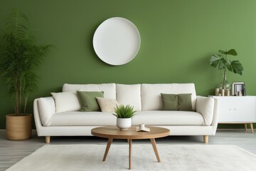 White sofa and round coffee table against green wall. Scandinavian interior design of modern stylish living room