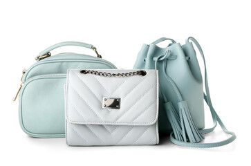 Different stylish bags on white background