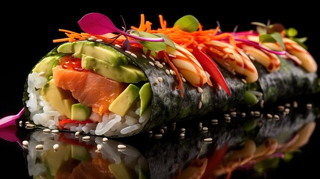 A close-up shot of a delicate hand-roll sushi
