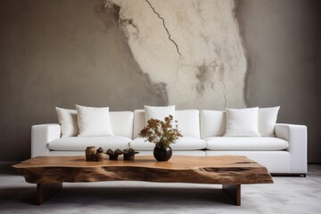 White sofa and wood live edge stamp coffee table against stucco wall. Minimalist rustic interior design of modern living room