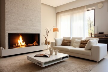 White sofa near fireplace. Interior design of modern living room