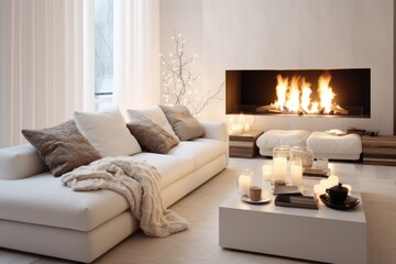 White sofa near fireplace. Interior design of modern living room