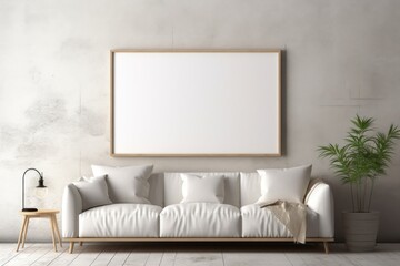  White sofa near stucco wall with empty mock up poster frame. Rustic interior design of modern living room