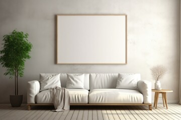 White sofa near stucco wall with empty mock up poster frame. Rustic interior design of modern living room