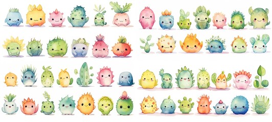 watercolor floral monster character set in cute cartoon style isolated on white background, children art style design, Generative Ai