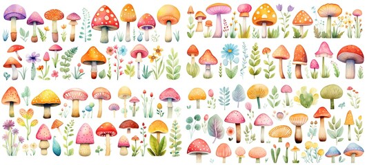 watercolor mushroom flower and leaves fall season flora foliage set in cute cartoon style isolated on white background, children art style design, Generative Ai