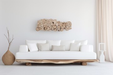 White sofa near white wall with wooden slab wall decor. Minimalist style interior design of modern living room