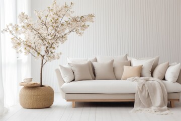 Wicker pot with blossom tree near beige sofa with many pillows and plaid. Scandinavian interior design of modern stylish living room