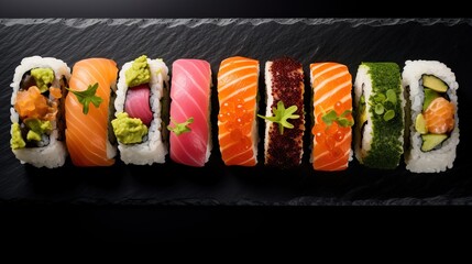A close-up shot of a selection of sushi rolls