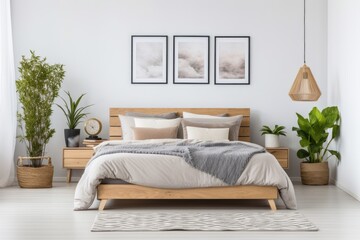 Fototapeta premium Wooden bed with grey bedding in light Scandinavian interior design of modern bedroom with many houseplants