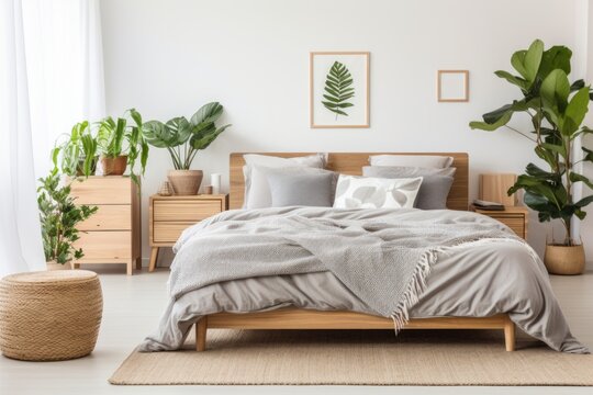 Wooden bed with grey bedding in light Scandinavian interior design of modern bedroom with many houseplants