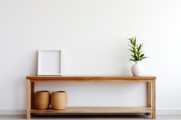 Wooden console table near white wall. Storage organization for home. Interior design of modern living room