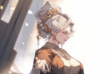 Beautiful middle aged grey haired woman in kimono outfit generative ai