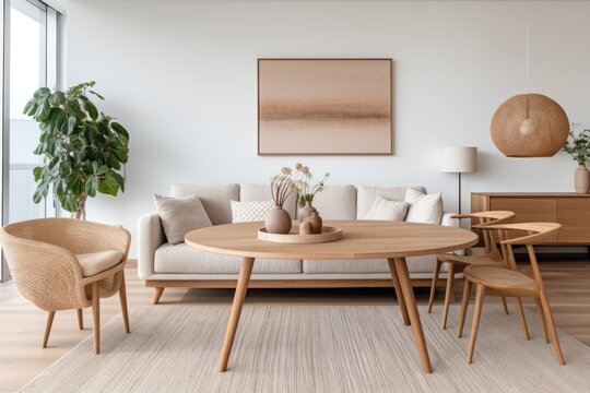 Wooden dining table on woven rug. Beige sofa in classic home interior design of modern living room