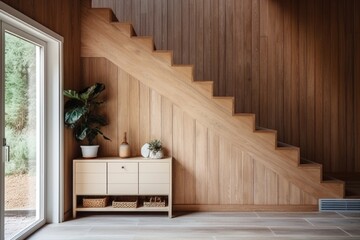 Wooden staircase and lining paneling wall in minimalist style hallway. Interior design of modern rustic entrance hall with door in farmhouse