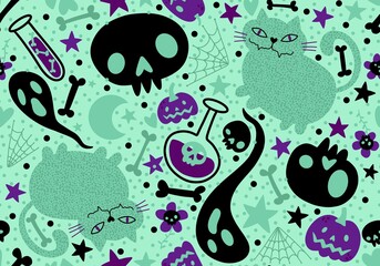 Halloween cats and pumpkins seamless ghost and bones pattern for wrapping paper and fabrics and kids