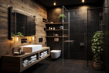 Wooden wall lining and black ceiling in bathroom. Rustic style interior design of modern bathroom