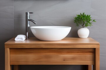 Fototapeta na wymiar Wooden washstand with white ceramic vessel sink. Interior design of modern bathroom