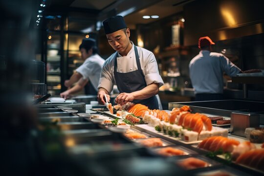 Sushi chef in kitchen at work