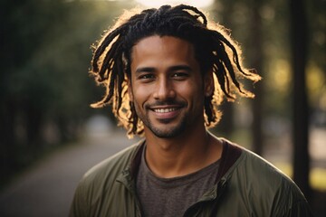 A young man with dreadlock dark brown hair smling in city